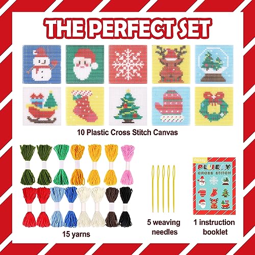 Pllieay Christmas 10-in-1 Cross Stitch Beginner Kit for Kids, Includes Instruction of 10 Different Patterns, 10 Printed Plastic canvases for Needlework, Needlepoint Starter Sewing Set - size: Christmas