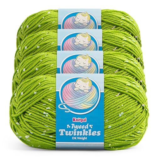 Tweed Twinkles Soft Baby Yarn DK Acrylic, 4-Pack (696Yds/400G), Kiwi Green | Acrylic Baby Blanket Knitting Yarn with Free Patterns - Size 3 DK Light Worsted Weight Yarn for Crocheting with Flecks - color: Kiwi Green, size: Pack of 4