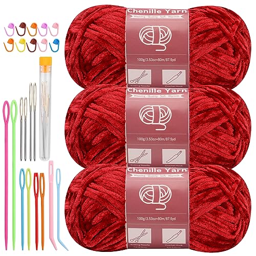 LUNARM Chenille Yarn 3 Pack 3.5oz Chunky Blanket Velvet Yarn 263 Yard | Dark Red Chunky Chenille Yarn for Beginners Crocheting Hand Knitting Scarves with Big Eye Needles Machine Washable - color: Dark Red