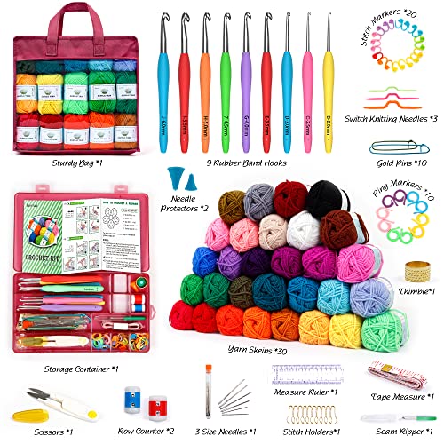 INSCRAFT Crochet Yarn Kit for Beginners Adults, Includes 1650 Yards 30 Colors Acrylic Skeins, User Manual, Hooks, Wine Bag etc, Make Amigurumi & Projects, Starter Set Professionals - color: Wine