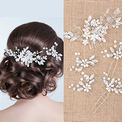 5 Pieces Silver Bridal Hair Comb Crystal Pearl Accents Flower Pins | Rhinestone Accessories for Wedding Updo, Floral Design Ideal Bride Bridesmaids, U-pin Secure Bun Hairstyles Special Occasions - color: Silver