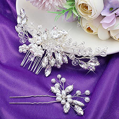 5 Pieces Silver Bridal Hair Comb Crystal Pearl Accents Flower Pins | Rhinestone Accessories for Wedding Updo, Floral Design Ideal Bride Bridesmaids, U-pin Secure Bun Hairstyles Special Occasions - color: Silver