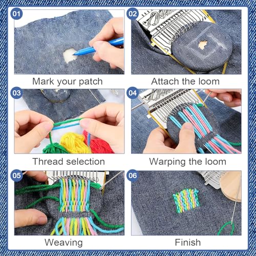 Mini Darning, Knit Patch Kit for Beginners, Wooden Weaving Tool with Stainless Steel Needles, Portable Darning Looms Kit for Quickly Mending eans Clothes Tapestries Carpets Scarves (14 Hooks)