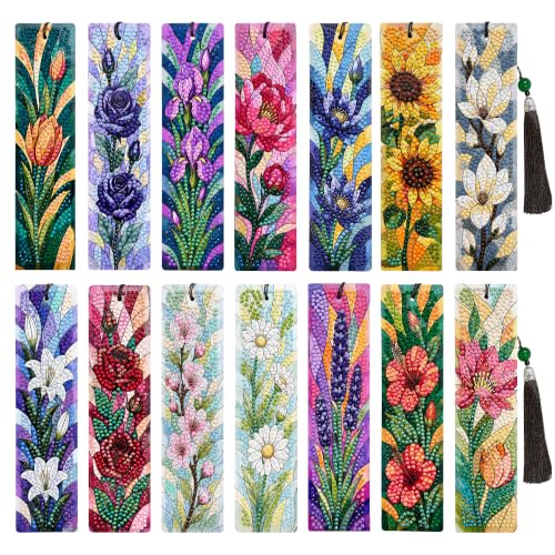 14 PC Diamond Art Flower Bookmark for Adults Gem Bling Bedazzling Kit Women | Bead Art Leather Book Mark Christmas Craft Making Kit Rhinestone Pearl Art DIY Paint by Dots Book Lover Gift - color: Flowers