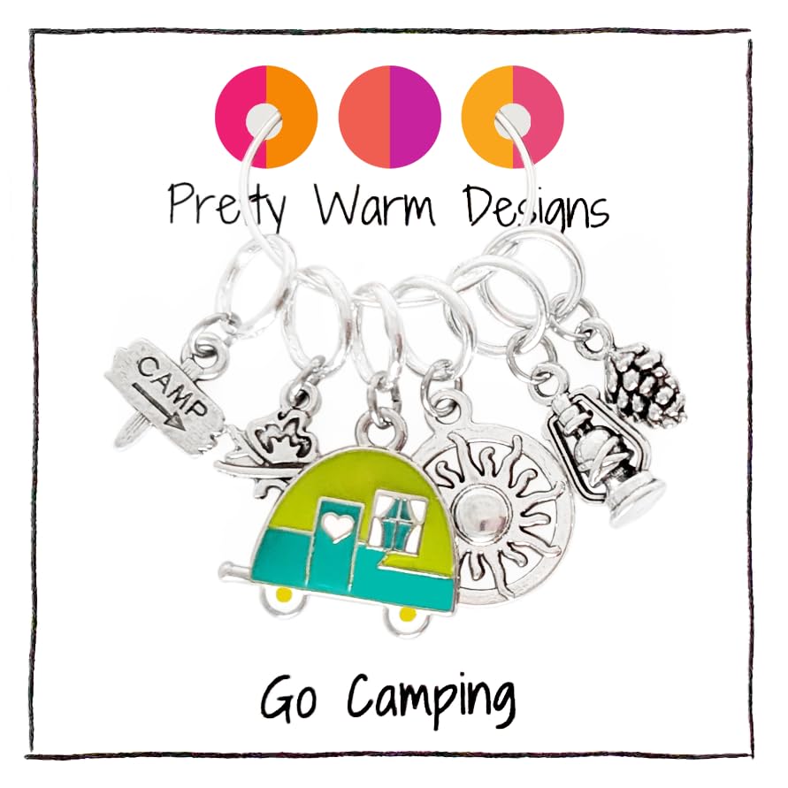 Go Camping Knitting Stitch Markers with Storage Tin | Ring Style Closed Rings | Camping Theme | Gift for Knitters & Yarn Lovers | Handmade by Pretty Warm Designs