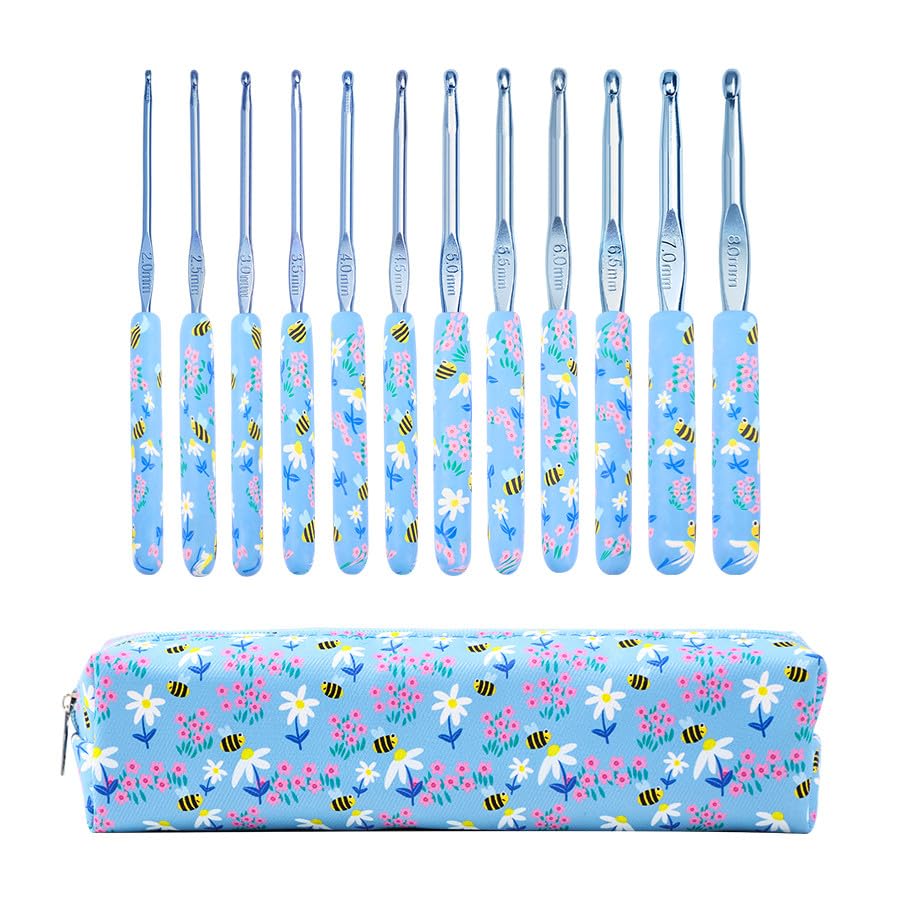 Blingcute 12 Pcs Ergonomic Crochet Hook Set 2-8 mm with Floral Case. | Smooth aluminum tips work across varied yarn weights; engraved markings stay easy to identify throughout each project.