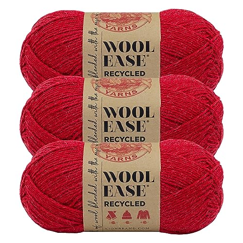 Lion Brand Yarn, Wool-Ease Recycled Crochet Yarn, Red, 3 Pack | Recycled Worsted Weight Wool Acrylic Blend Knit & Crochet Fiber for Warm Blankets, Cozy Sweaters, Fall & Winter Hats - color: Red, size: 3 Pack