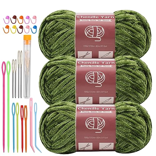 LUNARM Chenille Yarn 3 Pack 3.5oz Chunky Blanket Velvet Yarn 263 Yard | Olive-Green Chunky Chenille Yarn for Beginners Crocheting Hand Knitting Scarves with Big Eye Needles Machine Washable - color: Olive-Green