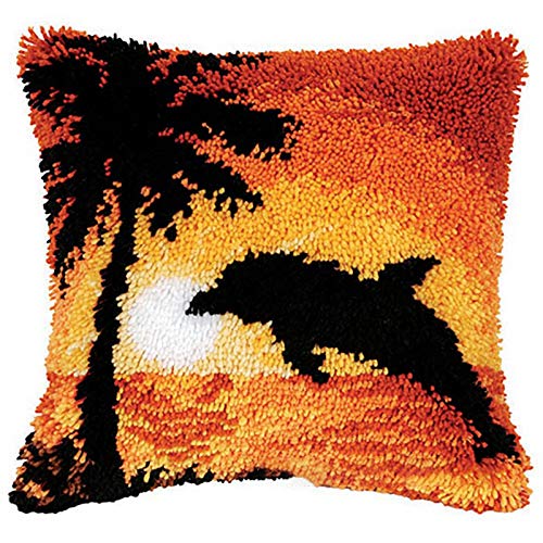 ZFFLYH Sunset Dolphin Latch Hook Pillow Kits for Adults Pre-Printed Cushion | Home Sofa Cushion Cover Preprinted Canvas Crochet Yarn Kits Needlework Crafts Festival Gift for Adults Beginner 17X17 Inch - color: Sunset Dolphin
