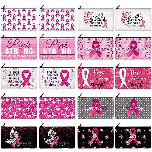 Reginary 20 Pcs Makeup Bags Gifts for Women Canvas Cosmetic Bags with Zipper Bulk Gift for Women Travel Purse Organizer Pouch Accessory, Toiletry Large Capacity, 7 x 4.3 Inch(Breast Cancer Awareness) - style: Breast Cancer Awareness