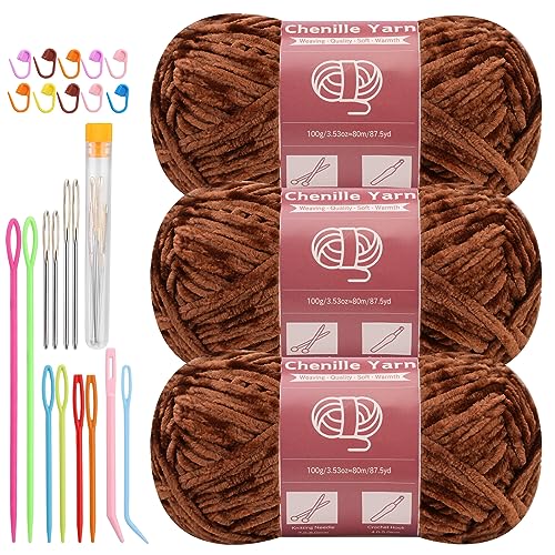 LUNARM Chenille Yarn 3 Pack 3.5oz Chunky Blanket Velvet Yarn 263 Yard | Brown Velvet Chunky Chenille Yarn for Beginners Crocheting Hand Knitting Scarves with Big Eye Needles Machine Washable - color: Brown
