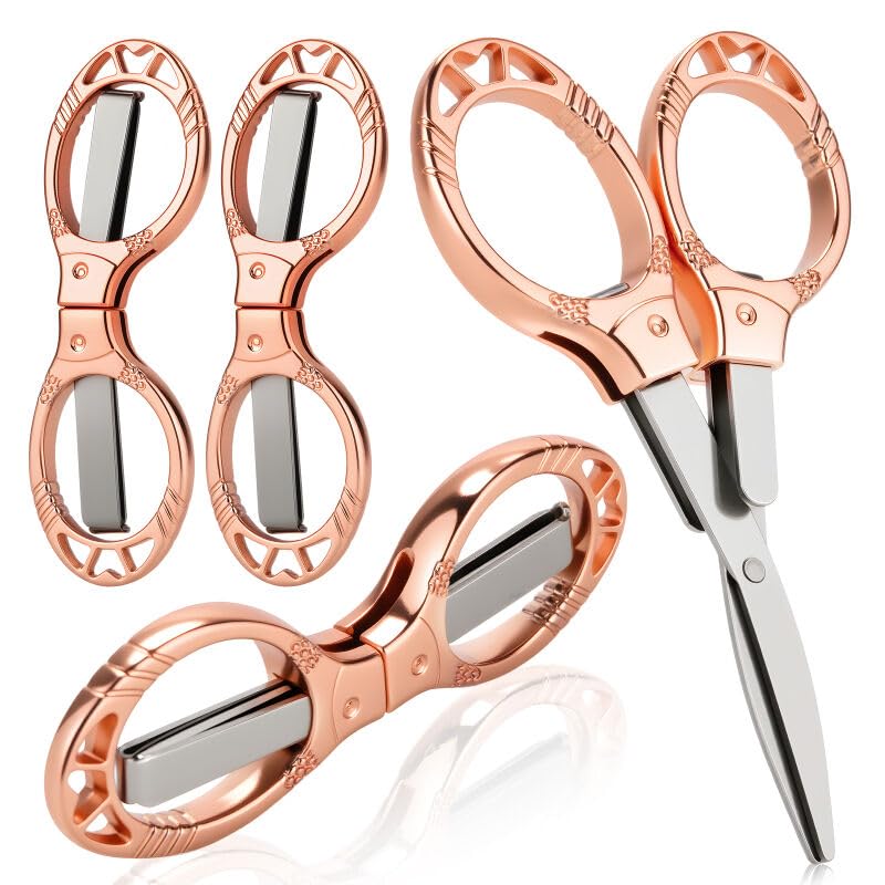 NAHSHON 4 Pcs Folding Stainless Steel Portable Mini Travel Badge Scissors | Foldable Safety Pocket Small Scissors All Purpose for Nurse Accessories, Travel, Office, Craft, Sewing, School (Rose Gold) - color: Rose Gold