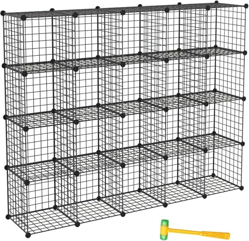Wire Storage Cubes, Metal Storage Shelves Bookshelf, Stackable Modular Closet Organizer for Bedroom Living Room, Office, Black (20-Cube, Iron) - color: Iron, size: 20 Cubes