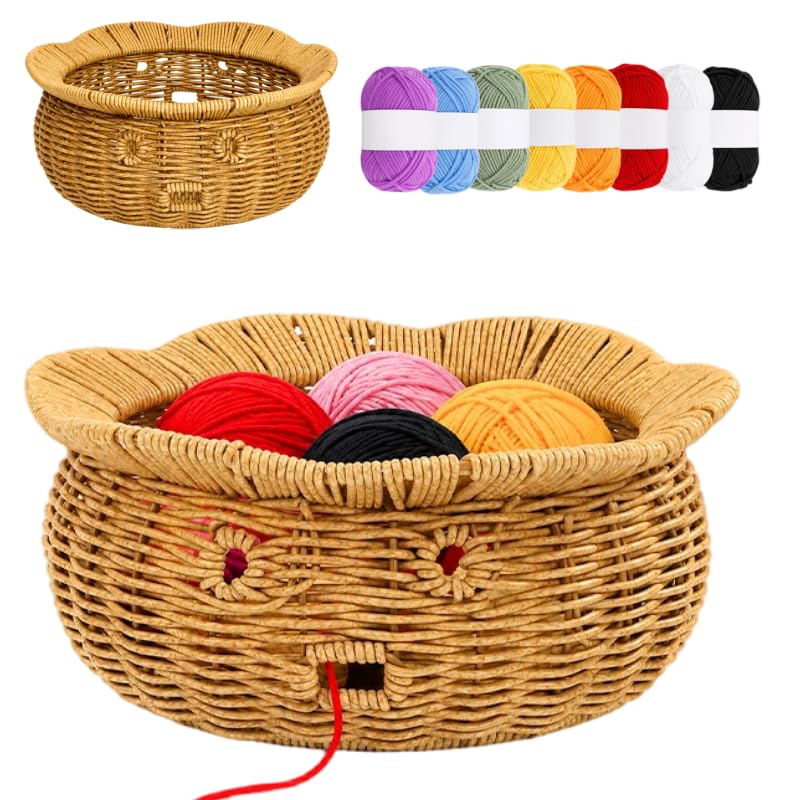 Prygew Rattan Yarn Bowl, 8 Yarn Balls Set Included | Handmade Large Crochet Bowl, Knitting Wool Ball Holder for Crochet Accessories, Gadgets Supplies, 9.4"D x 4.3"H
