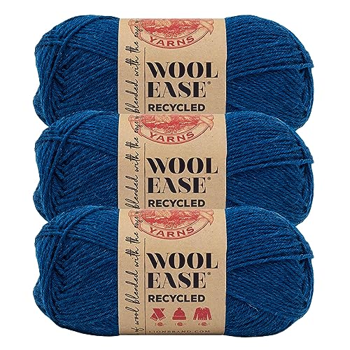 Lion Brand Yarn, Wool-Ease Recycled Crochet Yarn, Royal Blue, 3 Pack | Recycled Worsted Weight Wool Acrylic Blend Knit & Crochet Fiber for Warm Blankets, Cozy Sweaters, Fall & Winter Hats - color: Royal Blue, size: 3 Pack