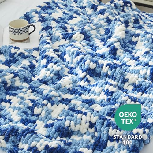 Chenille Chunky Knit Throw Blanket for Couch 50"x60", Space-Dyed Blue | Handmade Chenille Crochet Throw for Sofa Bed, Thick Cable Knitted Blankets for Room Home Decor, Birthday Gift for Women - color: Blue&white, size: 50"x60"