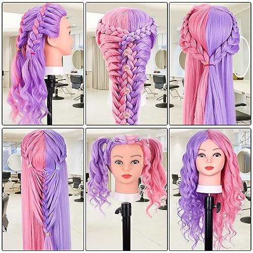 MYSWEETY Mannequin Head with Hair, Doll Head for Hair Styling, 26" Manikin head with 70% Real Human Hair Cosmetology Makeup Hairdressing Training Head with Clamp Holder and Tools - color: Purple & Pink