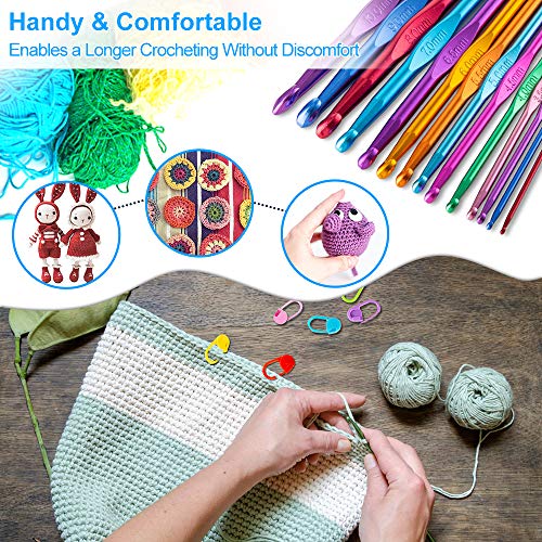 Vodiye 14 Sizes Crochet Hooks Set 2.0–10.0mm, Colorful Metal Crochet Needles, Ergonomic for Comfortable Crocheting - size: 14 Size(2.0-10.0mm)