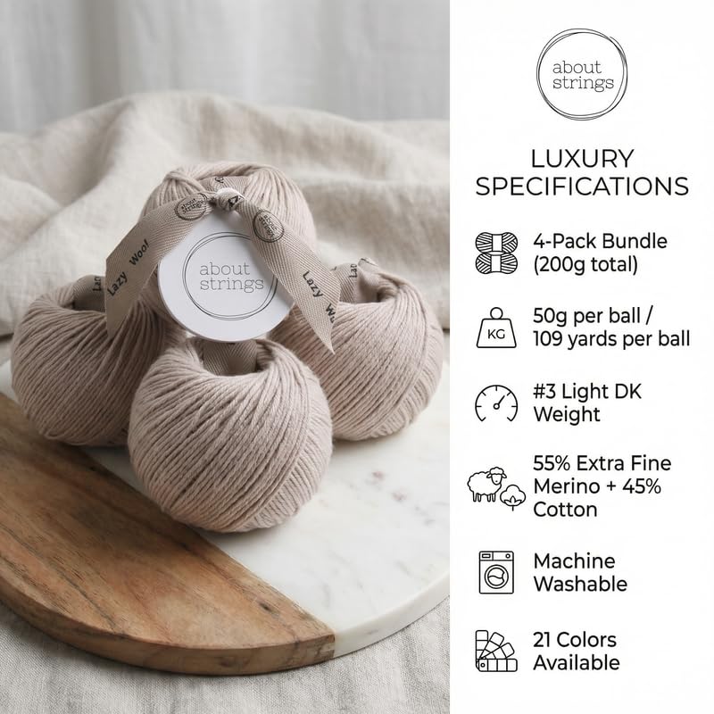 Lazy Wool - Soft Merino Cotton Blend Yarn, DK Light Worsted Weight, Machine Washable, Non-Itchy, 4 Pack (436 Total Yards), 25 Vibrant Colors for Knitting & Crochet (Pomelo) - color: Pomelo