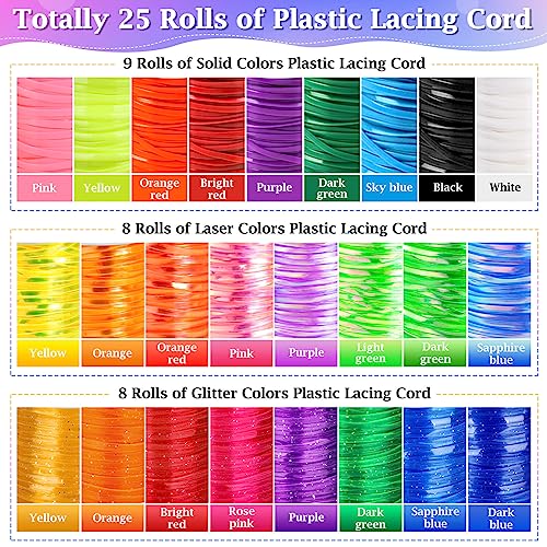 Cridoz Lanyard Kit, Boondoggle & Gimp String Weaving Kit with 25 Rolls Plastic Lacing Cord, 50 Pcs Keychain Lanyard Accessories