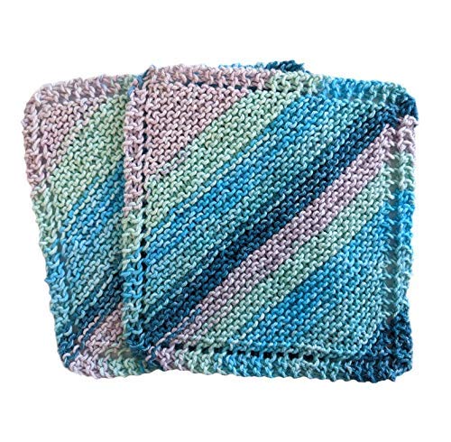 Multi Color Blue Ombre Hand Knitted Dishcloths - Set of 2 - Approx. 7.5 inches square