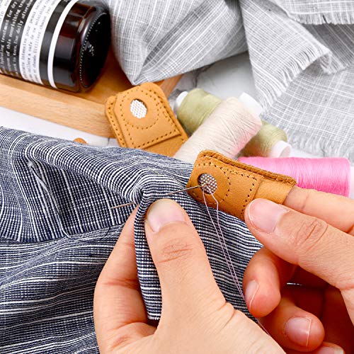 WILLBOND 4 Pcs Leather Thimble Finger Protector for Hand Sewing, 2 Sizes | Coin Shape, Quilting Knitting Needlework Use, Soft Cowhide, Fits Most Fingers, 2 Pcs Each Size