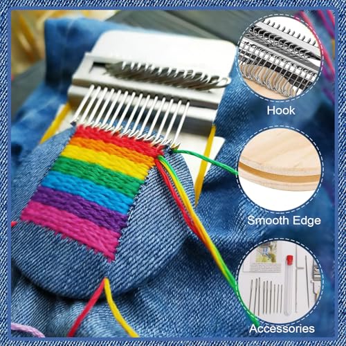 Mini Darning, Knit Patch Kit for Beginners, Wooden Weaving Tool with Stainless Steel Needles, Portable Darning Looms Kit for Quickly Mending eans Clothes Tapestries Carpets Scarves (14 Hooks)