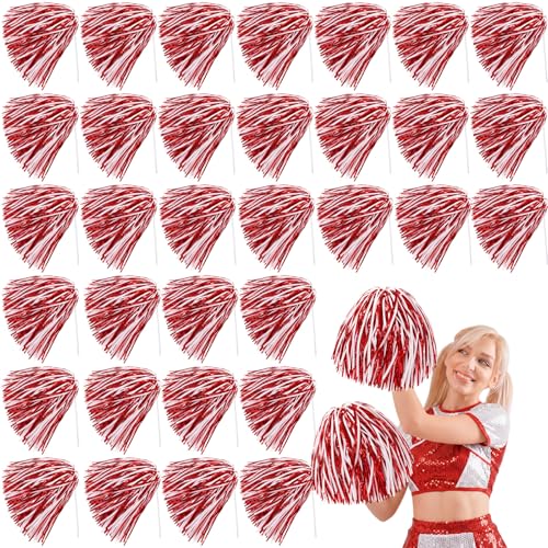 Vinsot 40 Pcs Cheerleading Pom Poms Bulk, Metallic Foil School Spirit Shakers Cheer Pom Poms with Plastic Long Handle for Soccer Basketball Sport Dance Team Squads Fan Celebration - color: Red White Mix