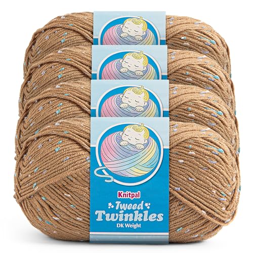 Tweed Twinkles Soft Baby Yarn DK Acrylic 4-Pack (696Yds/400G), Golden Brown | Acrylic Baby Blanket Knitting Yarn with Free Patterns - Size 3 DK Light Worsted Weight Yarn for Crocheting with Flecks - color: Golden Brown, size: Pack of 4