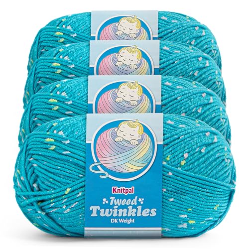 Tweed Twinkles Soft Baby Yarn DK Acrylic, 4-Pack (696Yds/400G), Cyan Blue | Acrylic Baby Blanket Knitting Yarn with Free Patterns - Size 3 DK Light Worsted Weight Yarn for Crocheting with Flecks - color: Cyan Blue, size: Pack of 4