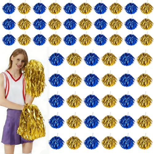 16/60/100PCS Pom Poms Cheerleading Metallic Foil Cheer Pom Poms with Plastic Handles, Cheerleader Pom Poms for Cheering Squad Team Spirited Sports Game Dance Party - color: gold and blue