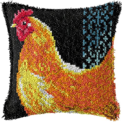 Chickens Latch Hook Pillow Kits for Adults Beginners Pre-Printed Cushion | Home Sofa Cushion Cover Preprinted Canvas Crochet Yarn Kits Needlework Crafts Festival Gift for Adults Beginner 17X17 Inch - color: Chickens