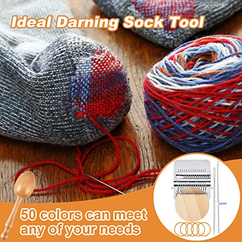 Jexine Speedweve Mini Darning Loom 14 Hooks Darning Egg for Socks Kit | Small Visible Weaving Loom Machine, Knit Mending Patch Kit, 9 Eye Needles 50 Thread for Handcraft DIY Weaving Repair Tool - color: Silver, size: 14 Hooks, style: Egg