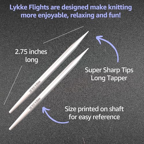 Lykke Flight 3.5in US 5 (3.75 mm) Interchangeable Knitting Needle Tips | Requires Standard Cables, Stainless Steel, Semi-Sharp, Short Taper Points, 10 Colorful Stitch Markers - size: US 05 (3.75 mm) 3.5in.