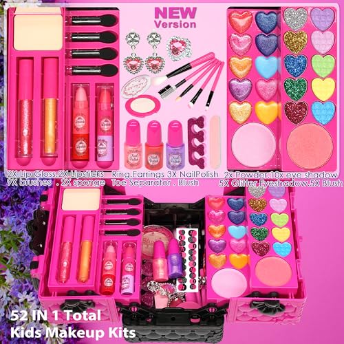 52 PCS Kids Makeup Kit, Safe and Washable Makeup for Kids Princess Toys | Real Girls Makeup Kit, Toddler Makeup Kit with Cosmetic Case, Maquillaje Para Niñas, Birthday Gifts for Girls 3 4 5 6 7 8 9 - style: Makeup-Palette-L-Rose