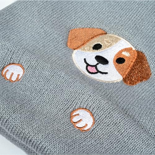 Personality Animal Head Embroidery Knit Beanie Hat for Adult and Big Kids Winter Warm Skull Cuffed Hats - color: Dog-grey