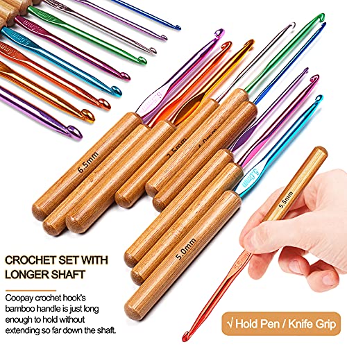 Coopay Bamboo Crochet Hooks Comfort Grip, Longer Aluminum Crochet Needles | 6.7" 9pcs 2.5mm-6.5mm Ergonomic Crochets Hook for Arthritic Hands & Beginnner Crocheting Blanket Shawls, Ideal Crochet Tool