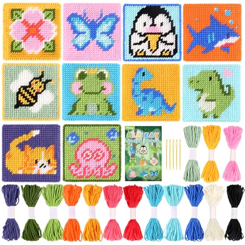 Pllieay 10-in-1 Cross Stitch Beginner Kit for Kids, Embroidery Kit | with Instructions, 10pcs Plastic Mesh Canvas with pattern, 15 yarns, 5 Weaving Needles, Needle Points Starter Sewing Set - size: Animals