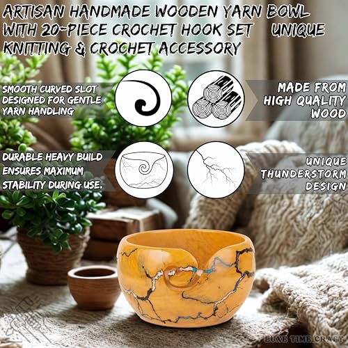 Wooden Yarn Bowl for Crocheting, 7x4inch Large Yellow Teak Crochet Holder Gift Accessories and Knitting Gadgets Supplies Handcrafted with Fractal Wood Burning & Blue,White,Black Resin Inlay (H-Multi) - color: H-Multi