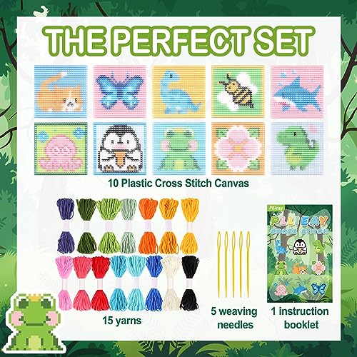 Pllieay 10-in-1 Cross Stitch Beginner Kit for Kids, Embroidery Kit | with Instructions, 10pcs Plastic Mesh Canvas with pattern, 15 yarns, 5 Weaving Needles, Needle Points Starter Sewing Set - size: Animals