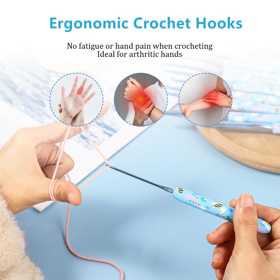 Blingcute 12 Pcs Ergonomic Crochet Hook Set 2-8 mm with Floral Case. | Smooth aluminum tips work across varied yarn weights; engraved markings stay easy to identify throughout each project.