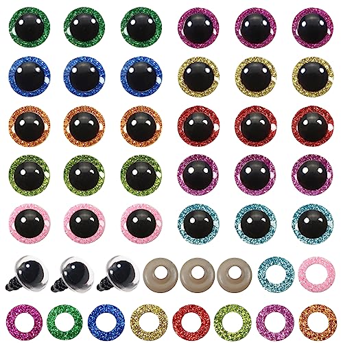 TOAOB 120pcs 16mm Glitter Safety Eyes Crafts Doll Eyes 10 Colors Round Craft Plastic Crocheting Eye with Washers for Stuffed Animals Amigurumis Dolls Making - size: 16mm