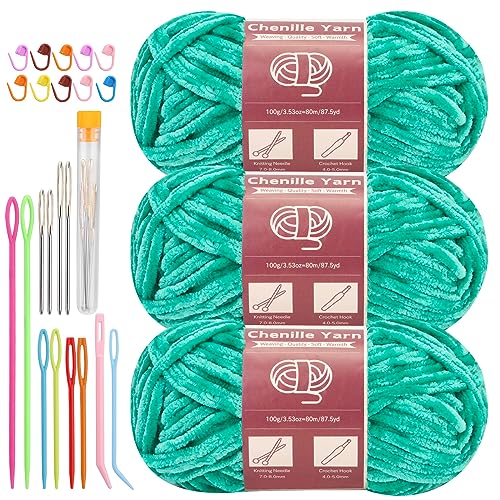 LUNARM Chenille Yarn 3 Pack 3.5oz Chunky Blanket Velvet Yarn 263 Yard | Jade Green Chunky Chenille Yarn for Beginners Crocheting Hand Knitting Scarves with Big Eye Needles Machine Washable - color: Jade Green