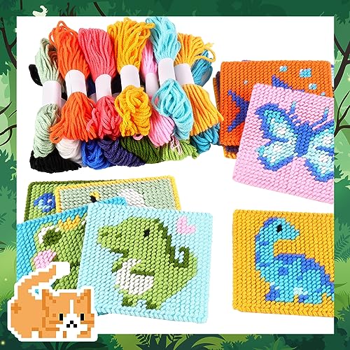 Pllieay 10-in-1 Cross Stitch Beginner Kit for Kids, Embroidery Kit | with Instructions, 10pcs Plastic Mesh Canvas with pattern, 15 yarns, 5 Weaving Needles, Needle Points Starter Sewing Set - size: Animals