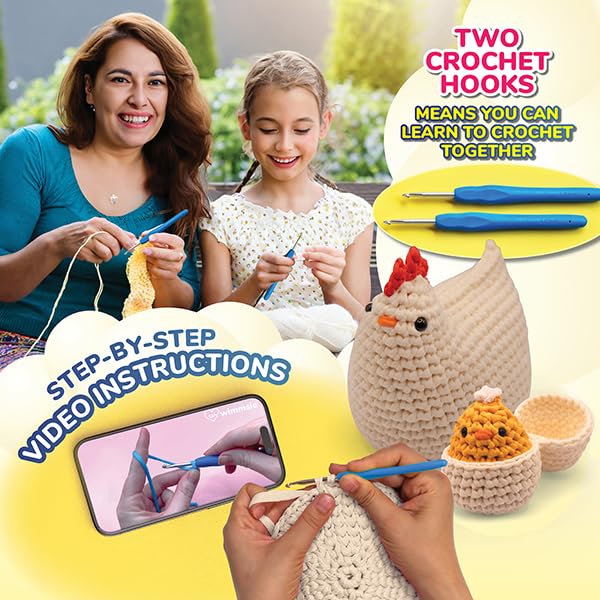 Wimmsie Crochet Animal Kit for Beginners - Easy Beginner Crochet Kit for Kids - Gift for Mom - Amigurumi Chicken Chick & Egg - 3 Kawaii Stuffed Animals - Cute DIY Yarn Plush - color: Pink Hen