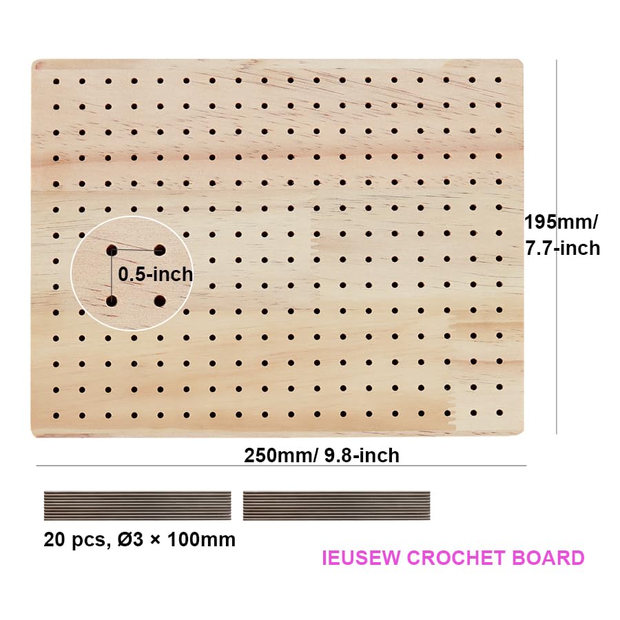 9.8 x7.7 inches Crochet Blocking Board with Pegs, Wooden Blocking Boards for Granny Square Projects, 20 Pcs Stainless Steel Rods