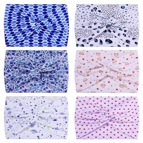 HAUHC Extra Wide Headbands for Women, 7'' Large Cotton Like Turban Knotted Bandana Head Bands for Women Non Slip, Boho Headbands for Women's Hair (6PCS Print 1, average size) - color: Print 1