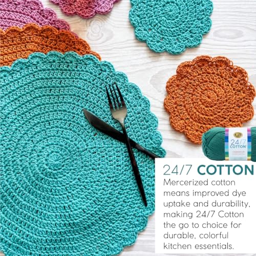 Lion Brand Yarn, 24/7 Cotton Mercerized Lightweight Yarn for Knitting, Crochet, and Crafts, Burgundy, 1 Pack, 185 Yards of Natural Fiber for Breathable Tops, Durable Bags, and Easy-Care Dish Cloths | Light Worsted 100% Mercerized Cotton Yarn for Crochet,