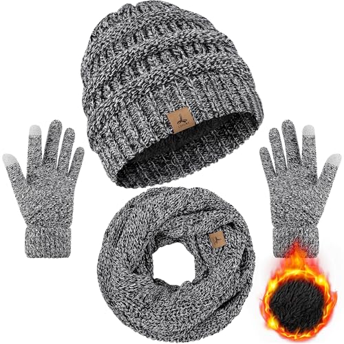 LOROME Winter Beanie Hat Scarf Gloves, Warm Fleece Knit Neck Scarf Set Gift | Hats Gloves Scarf Set, Touchscreen Gloves, Universal Size Neck Scarf Set Winter Gifts for Unisex Adult Winter Wear - color: Black and White