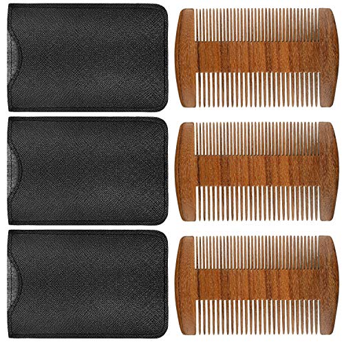 Boao 3 Pieces Wooden Beard Comb for Men, Dual Teeth,Brown | Natural Sandalwood Wood Combs, 3 Faux Leather Cases Included, Fine Coarse Teeth for Beards Mustaches Grooming, Bulk - color: Brown